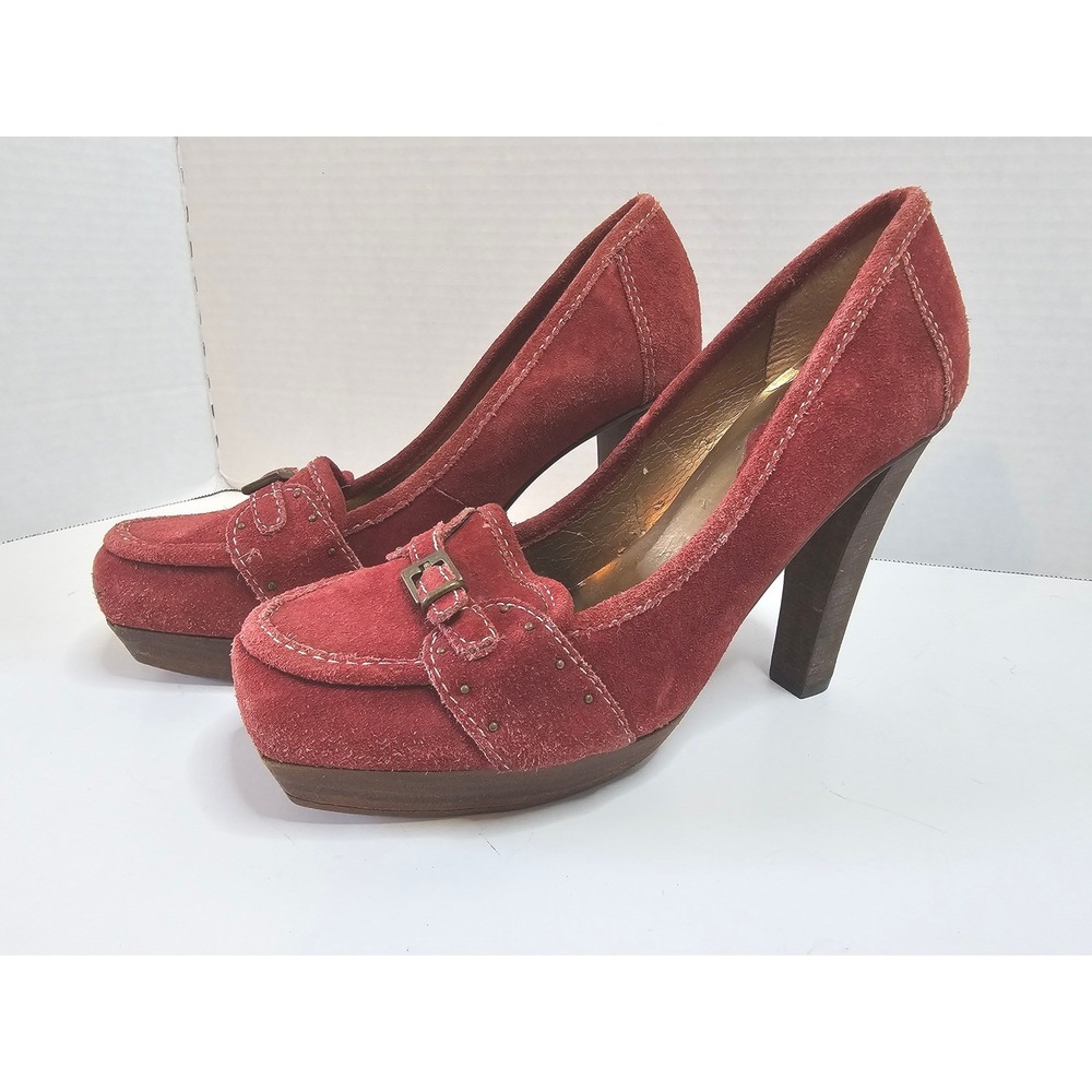 Schutz‎ Camurcao Rouge Red Suede Platform Heels Loafer Style Chunky Heel SZ 7.5